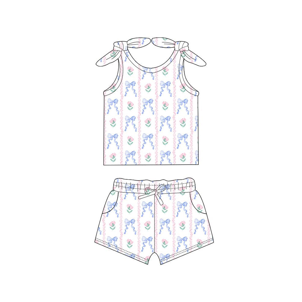 (Pre-order)GSSO2254  Flowers Blue Bows Print Girls Summer Clothes Set