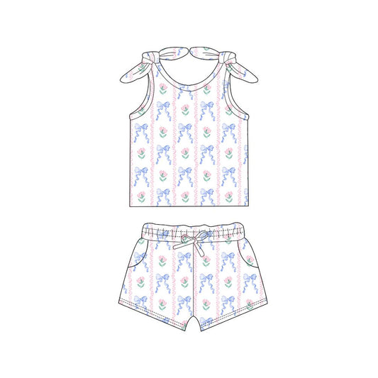 (Pre-order)GSSO2254  Flowers Blue Bows Print Girls Summer Clothes Set