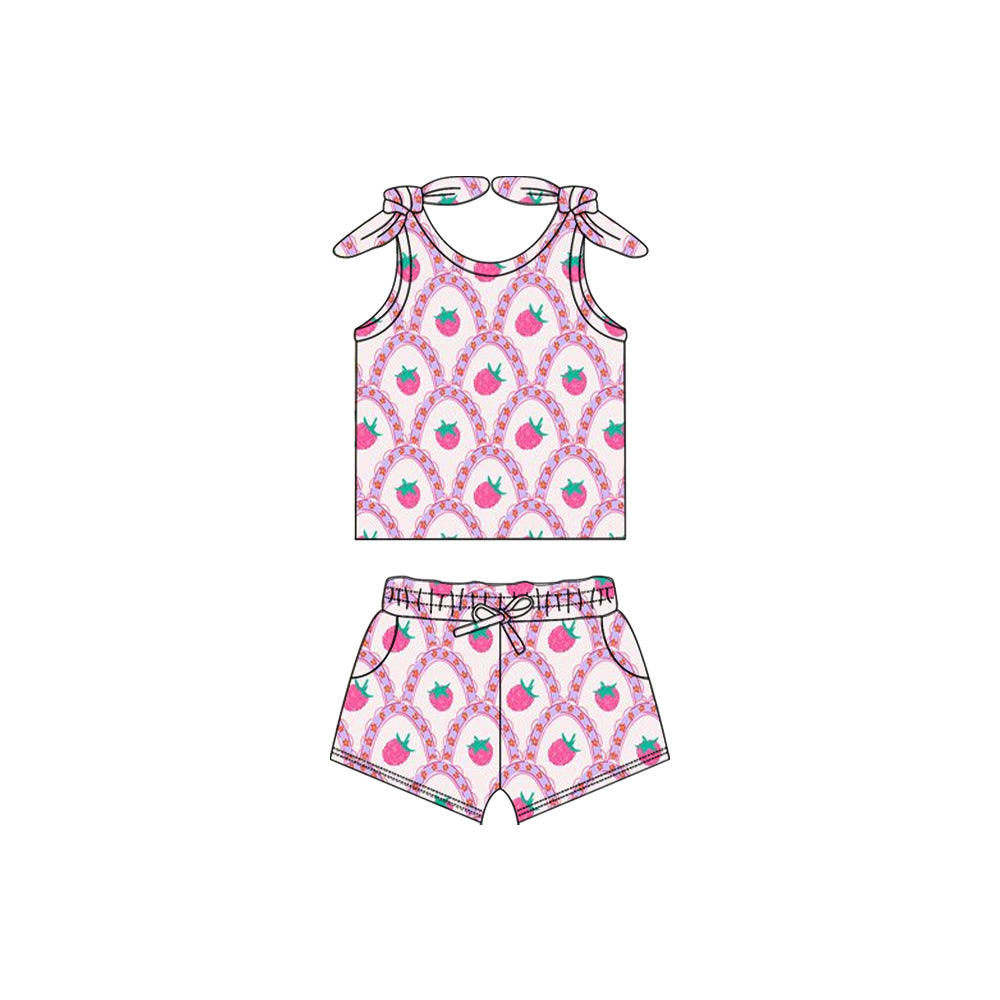 (Pre-order)GSSO2255  Strawberry Print Girls Summer Clothes Set