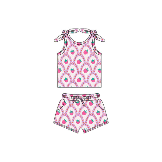 (Pre-order)GSSO2255  Strawberry Print Girls Summer Clothes Set