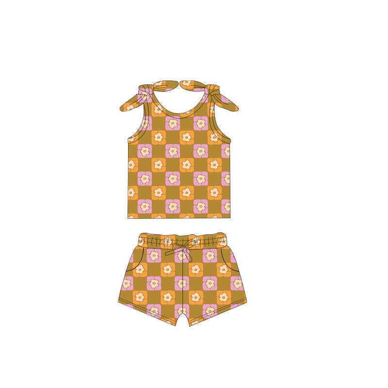 (Pre-order)GSSO2257  Flowers Plaid Print Girls Summer Clothes Set