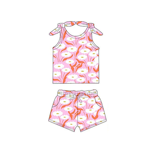 (Pre-order)GSSO2259  Pink Flowers Print Girls Summer Clothes Set
