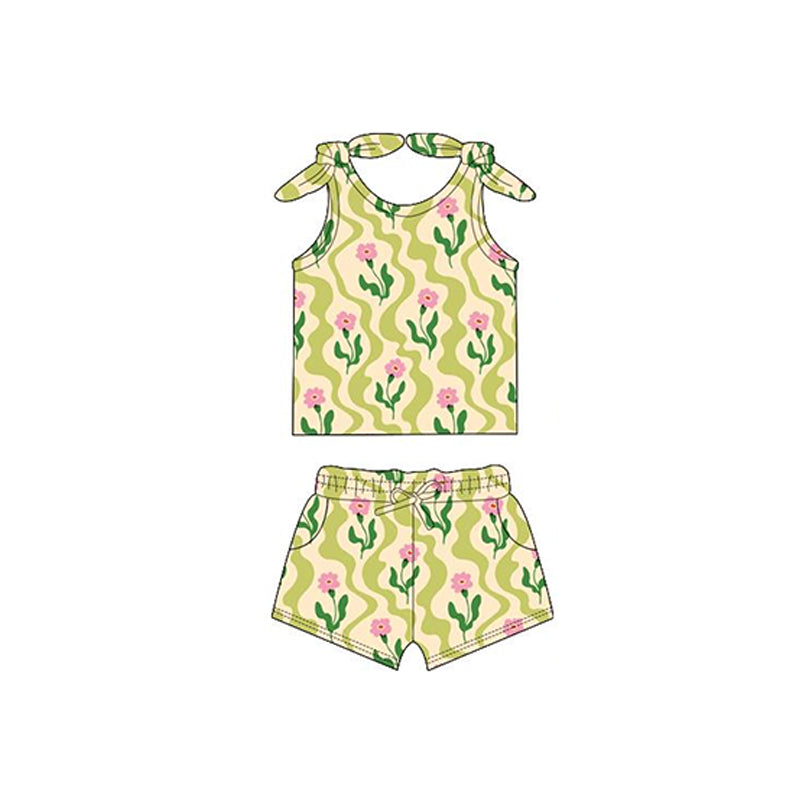 (Pre-order)GSSO2260  Pink Flowers Leaf Print Girls Summer Clothes Set