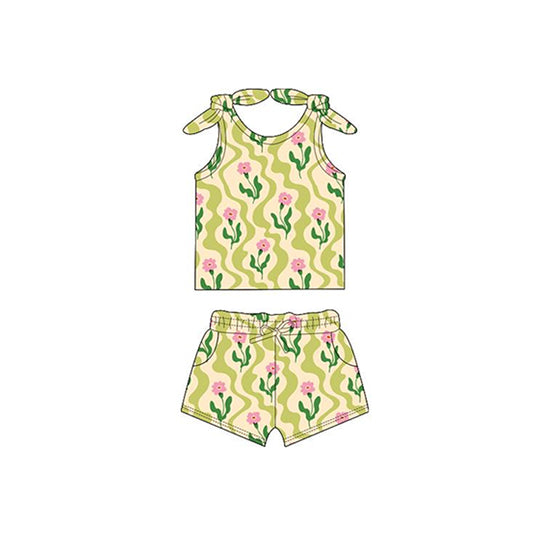 (Pre-order)GSSO2260  Pink Flowers Leaf Print Girls Summer Clothes Set