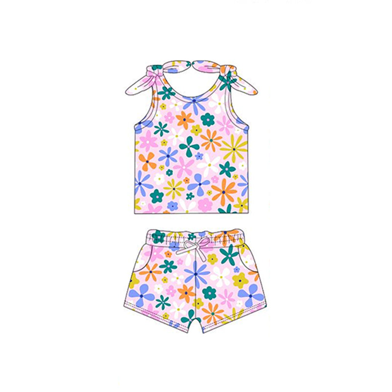 (Pre-order)GSSO2261  Colorful Flowers Print Girls Summer Clothes Set