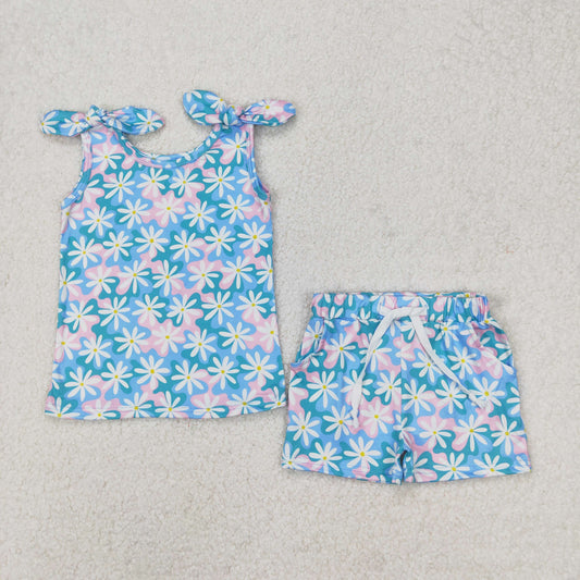 GSSO2262  Blue Flowers Print Girls Summer Clothes Set