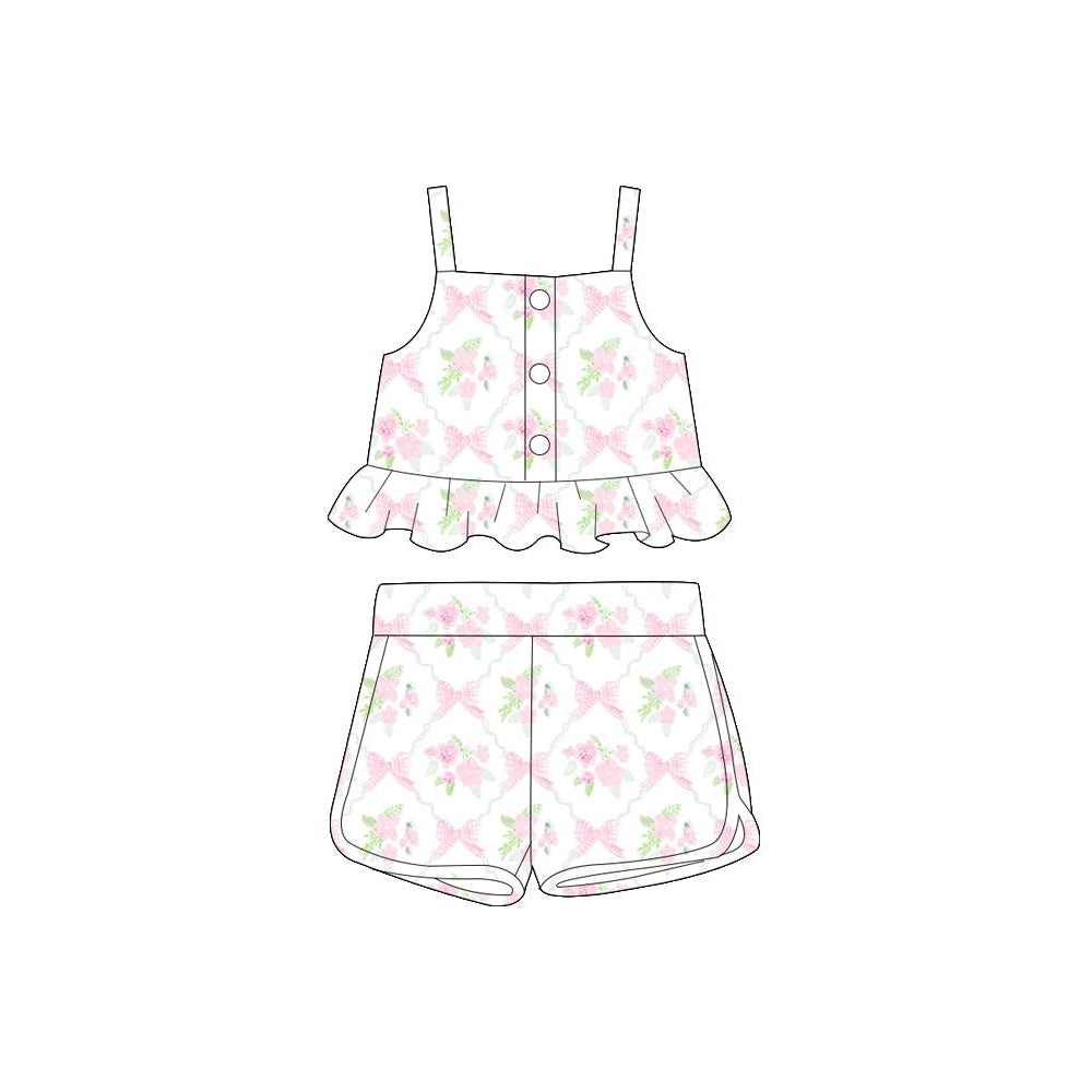 (Pre-order)GSSO2263  Flowers Pink Bows Print Girls Summer Clothes Set