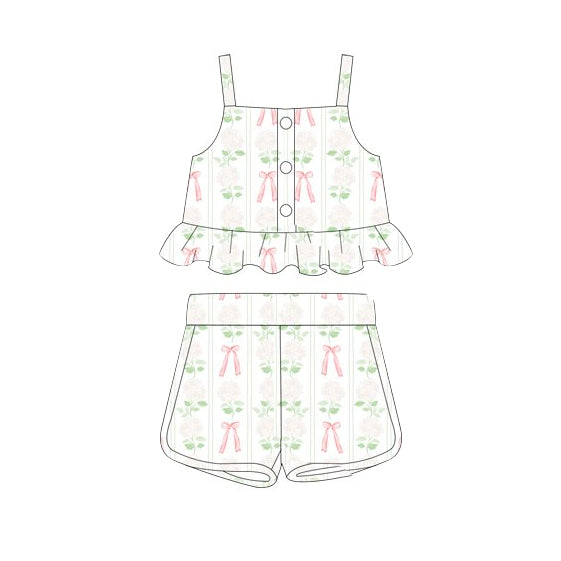 (Pre-order)GSSO2264  Leaf Pink Bows Print Girls Summer Clothes Set