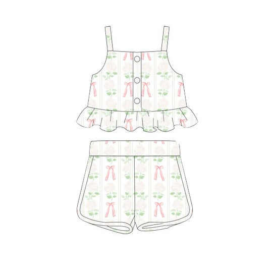 (Pre-order)GSSO2264  Leaf Pink Bows Print Girls Summer Clothes Set