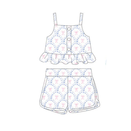 (Pre-order)GSSO2267  Blue Small Flowers Bows Print Girls Summer Clothes Set