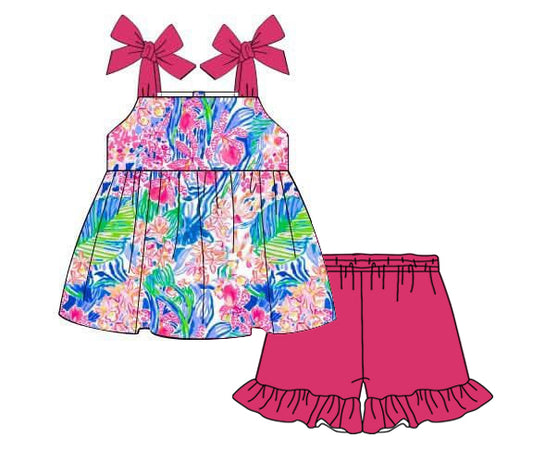 (Pre-order)GSSO2271  Seaweed Tunic Top Ruffle Shorts Girls Summer Clothes Set