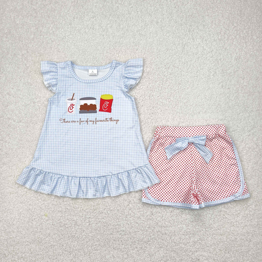 GSSO2274  Fries Blue Top Dots Shorts Girls Summer Clothes Set