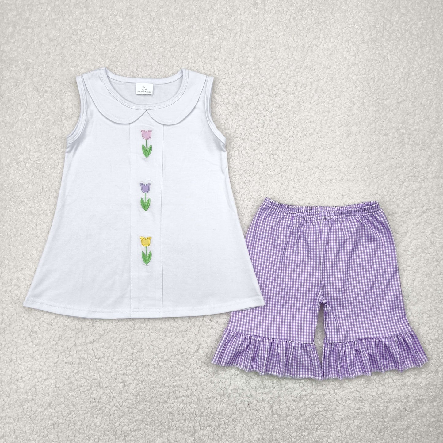 GSSO2276  Flowers Embroidery White Top Purple Plaid Shorts Girls Summer Clothes Set