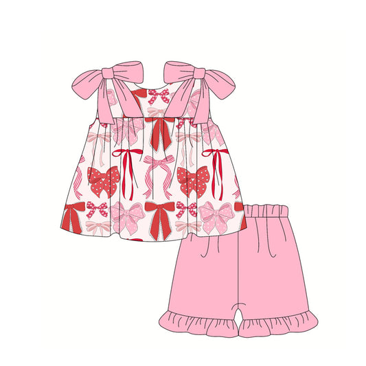 (Pre-order)GSSO2279 Bows Top Pink Shorts Girls Summer Clothes Set