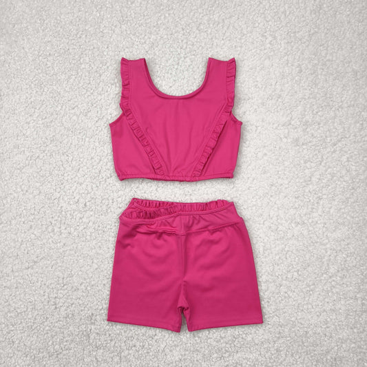 GSSO2284 Hot Pink Crop Top Shorts Girls Summer Yoga Clothes Set