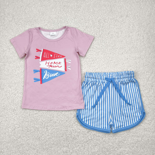 GSSO2288   All Star Pink Top Blue Stripes Shorts Girls Summer Clothes Set
