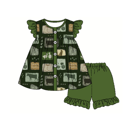 (Pre-order)GSSO2294 Farm Animals Tunic Top Green Shorts Girls Summer Clothes Set