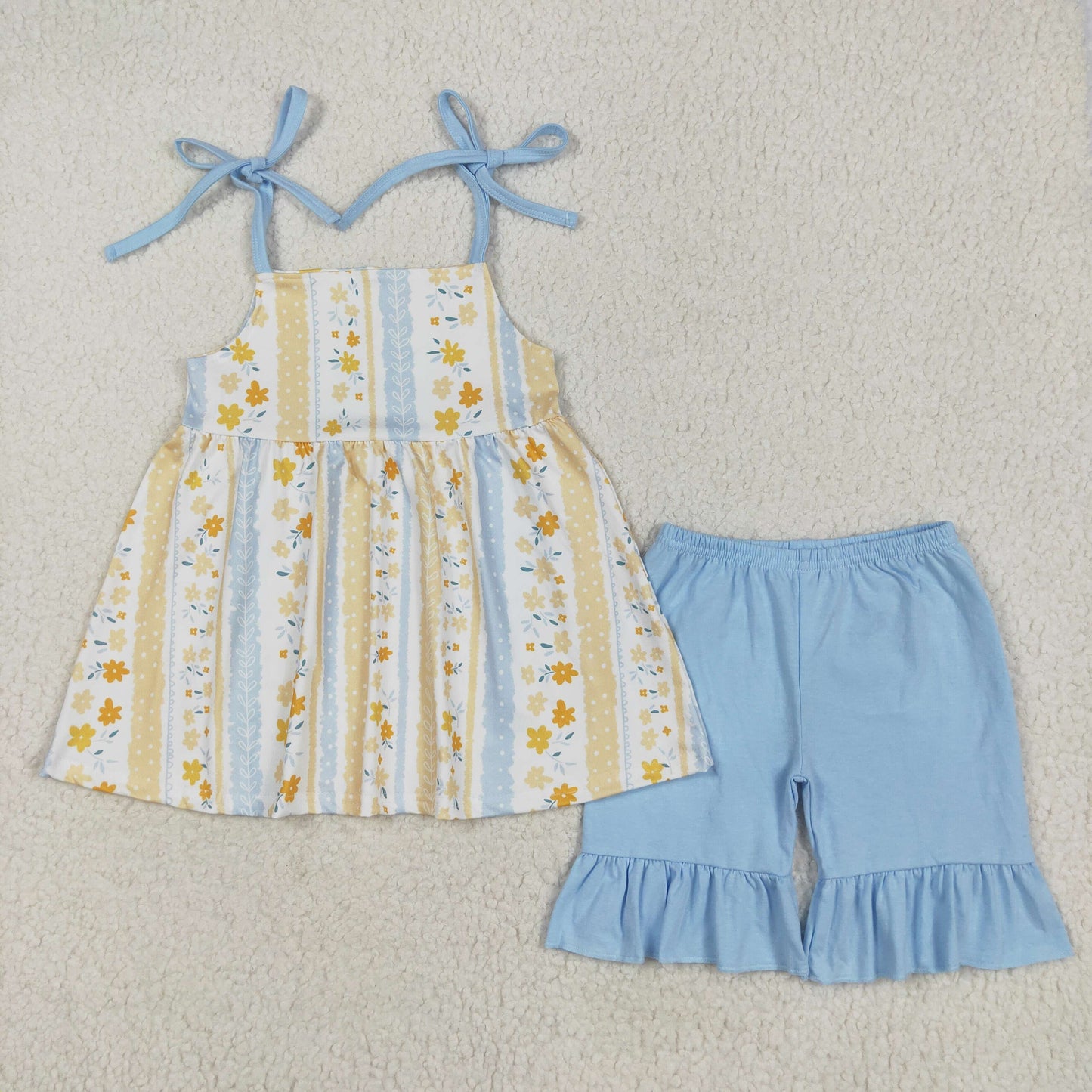 GSSO2302  Flowers Strap Tunic Top Blue Shorts Girls Summer Clothes Set