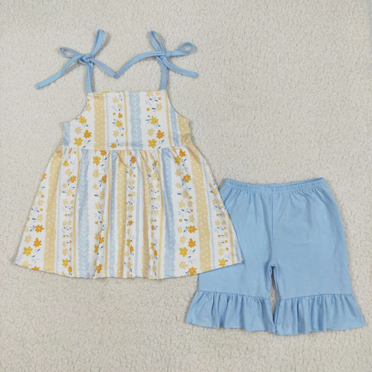 GSSO2302  Flowers Strap Tunic Top Blue Shorts Girls Summer Clothes Set