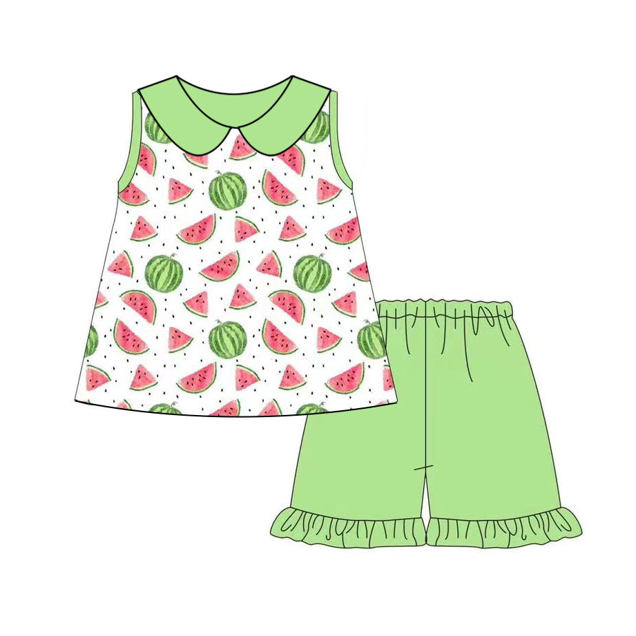 (Pre-order)GSSO2308  Watermelon Top Green Shorts Girls Summer Clothes Set