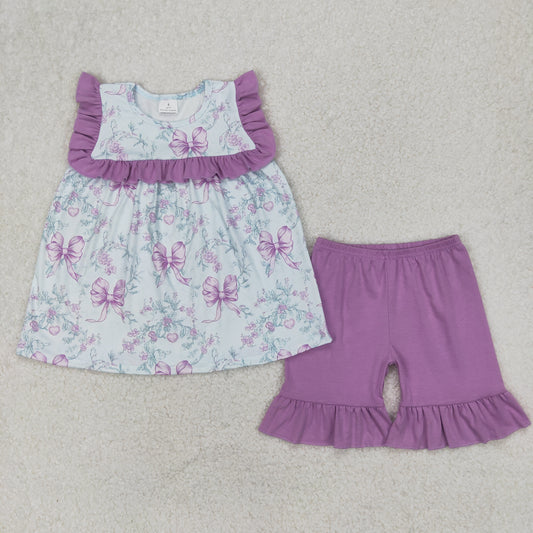GSSO2315 Flowers Bows Tunic Top Purple Shorts Girls Summer Clothes Set