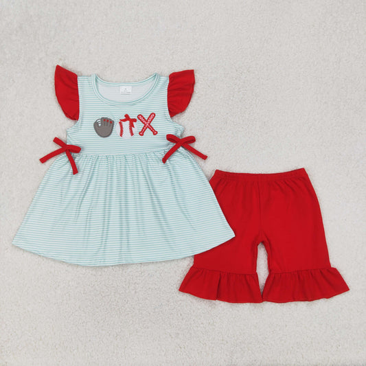 GSSO2317 Baseball Embroidery Blue Stripes Tunic Top Red Shorts Girls Summer Clothes Set