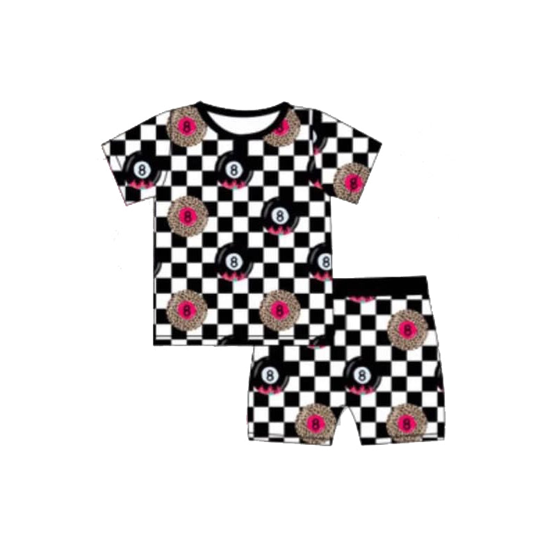 (Pre-order)GSSO2319 Black Plaid Snooker Print Shorts Girls Summer Pajamas Clothes Set