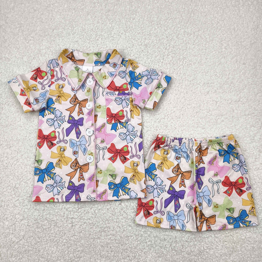 GSSO2321  Cartoon Princess Bows Print Girls Buttons Summer Pajamas Clothes Set