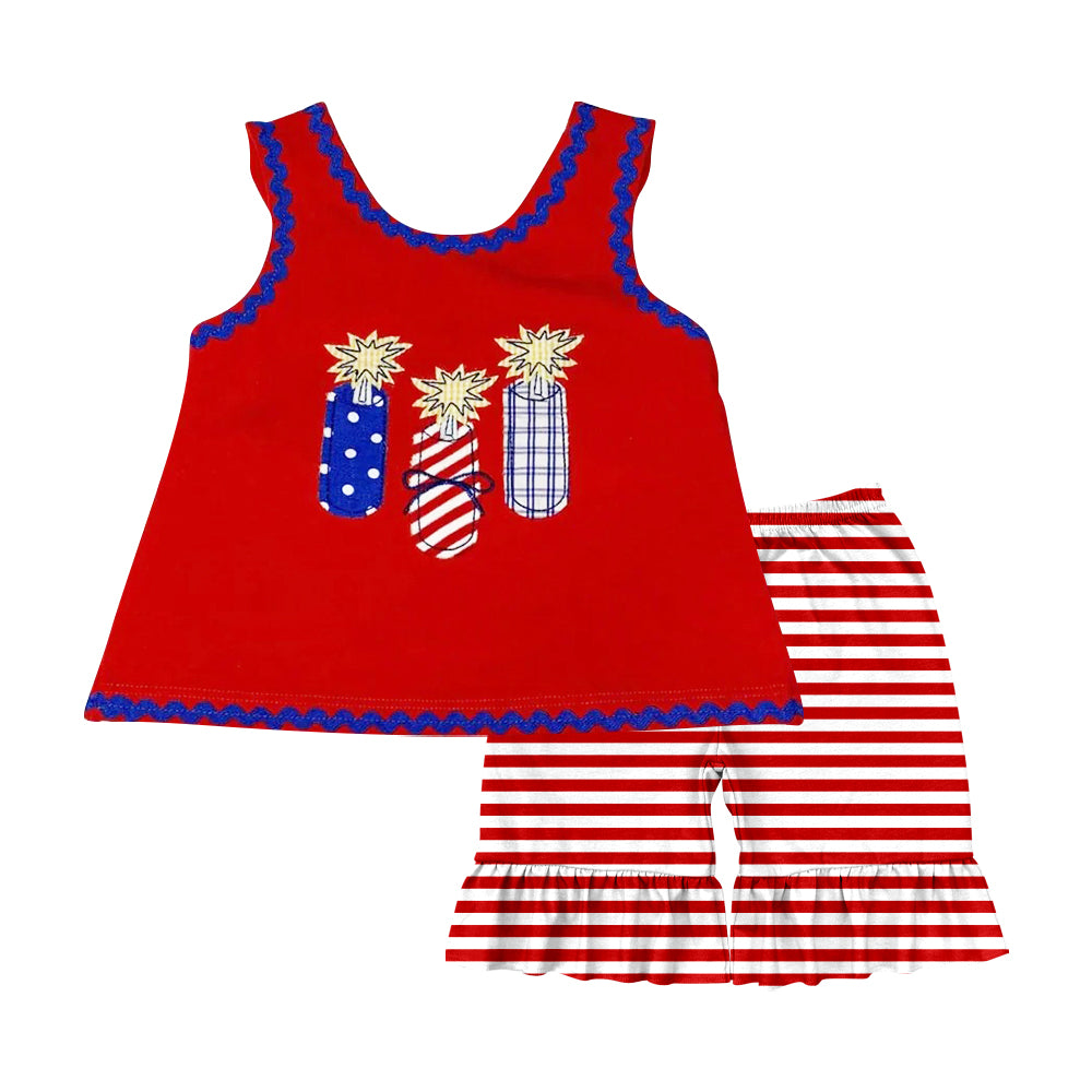 (Pre-order)GSSO2330 Fireworks Red Top Stripes Shorts Girls 4th of July Clothes Set