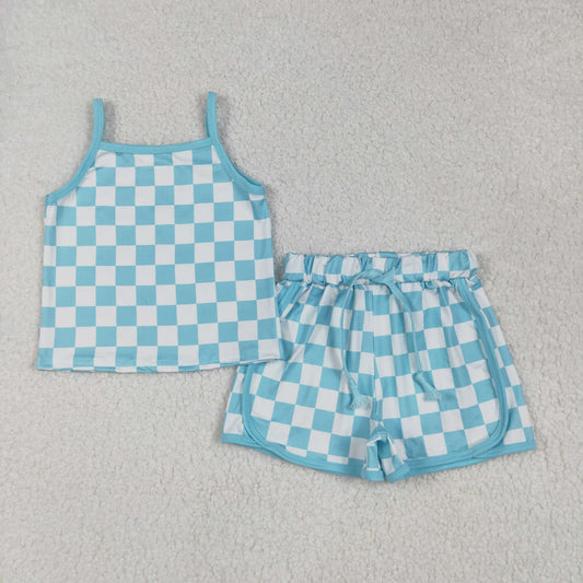 GSSO2332 Blue Plaid Tank Top Shorts Girls Summer Clothes Set