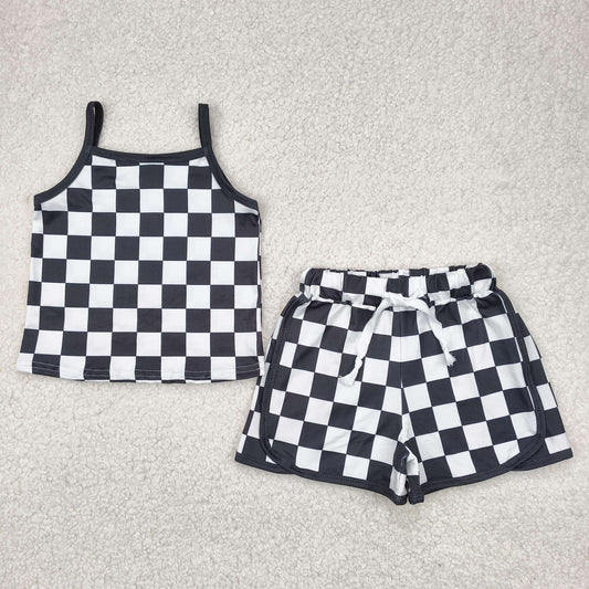 GSSO2334 Black Plaid Shorts Girls Summer Clothes Set