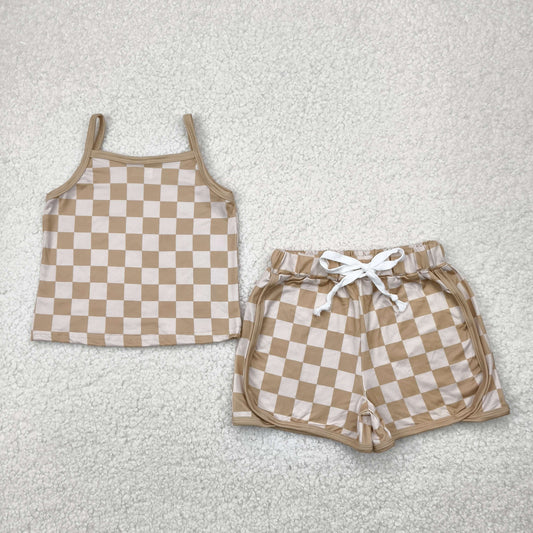 GSSO2335 Brown Plaid Print Shorts Girls Summer Clothes Set