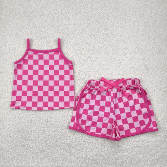 GSSO2336 Pink Plaid Shorts Girls Summer Clothes Set