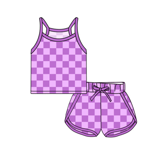 (Pre-order)GSSO2337 Purple Plaid Shorts Girls Summer Clothes Set