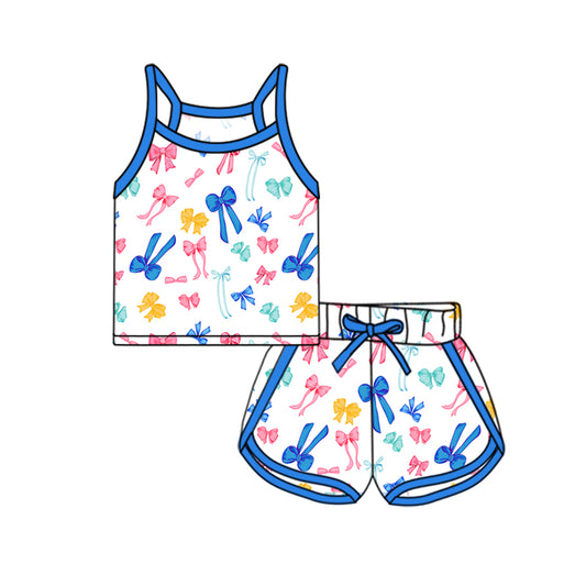 (Pre-order)GSSO2339 Colorful Bows Blue Print Shorts Girls Summer Clothes Set