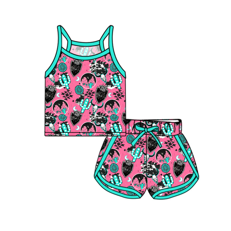 (Pre-order)GSSO2340 Turquoise Cactus Aztec Print Shorts Girls Summer Clothes Set