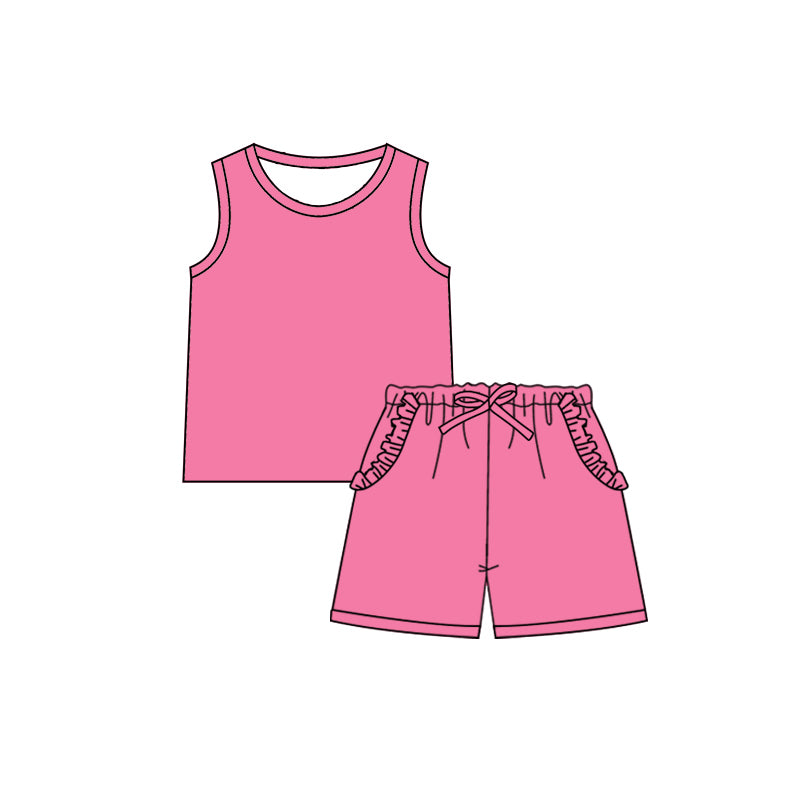 (Pre-order)GSSO2342 Hot Pink Color Vest Top Pockets Shorts Girls Summer Clothes Set