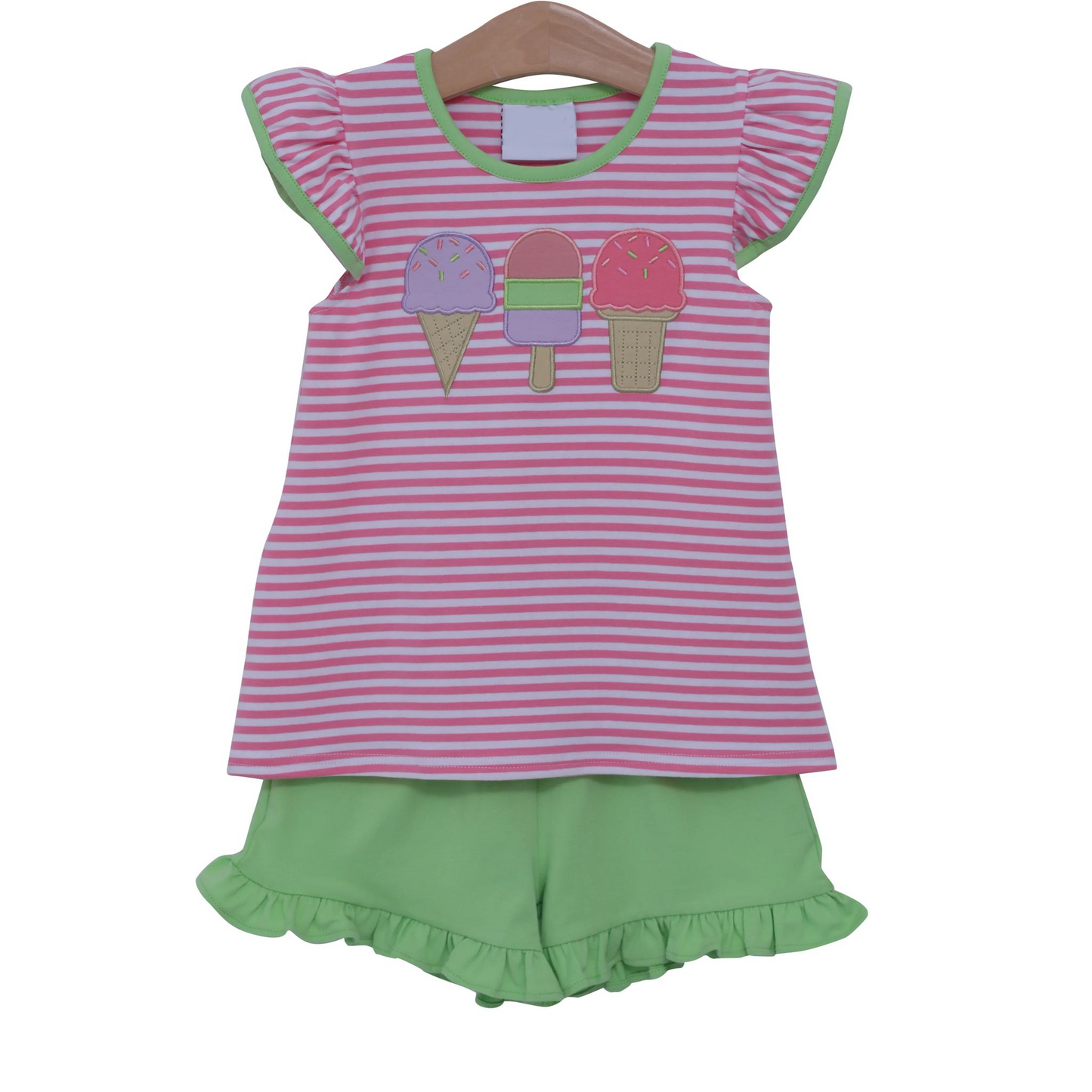 (Pre-order)GSSO2349 Popsicle Stripes Top Green Shorts Girls Summer Clothes Set