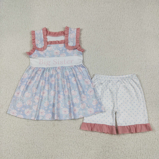 GSSO2350 Big Sister Flowers Tunic Top Dots Shorts Girls Summer Clothes Set