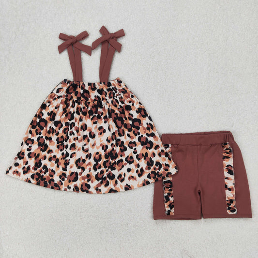 GSSO2352 Leopard Tunic Top Brown Shorts Girls Summer Clothes Set