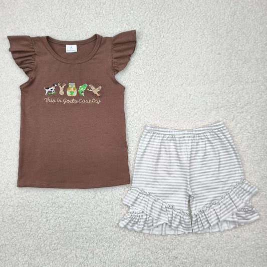 GSSO2353 Hunting Embroidery Brown Top Stripes Shorts Girls Summer Clothes Set