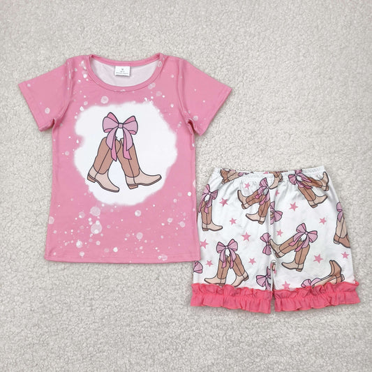 GSSO2354 Boots Pink Top Ruffle Shorts Girls Summer Clothes Set