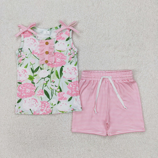 GSSO2357 Flowers Tank Top Stripes Shorts Girls Summer Clothes Set