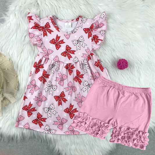 (Pre-order)GSSO2360 Red Pink Bows Tunic Top Icing Ruffle Shorts Girls Summer Clothes Set