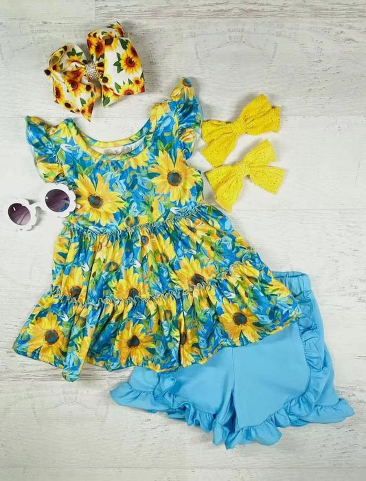 (Pre-order)GSSO2361 Sunflowers Tunic Top Blue Shorts Girls Summer Clothes Set