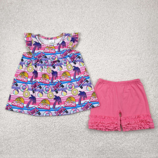 GSSO2362 Pink BA Ball Tunic Top Icing Ruffle Shorts Girls Summer Clothes Set