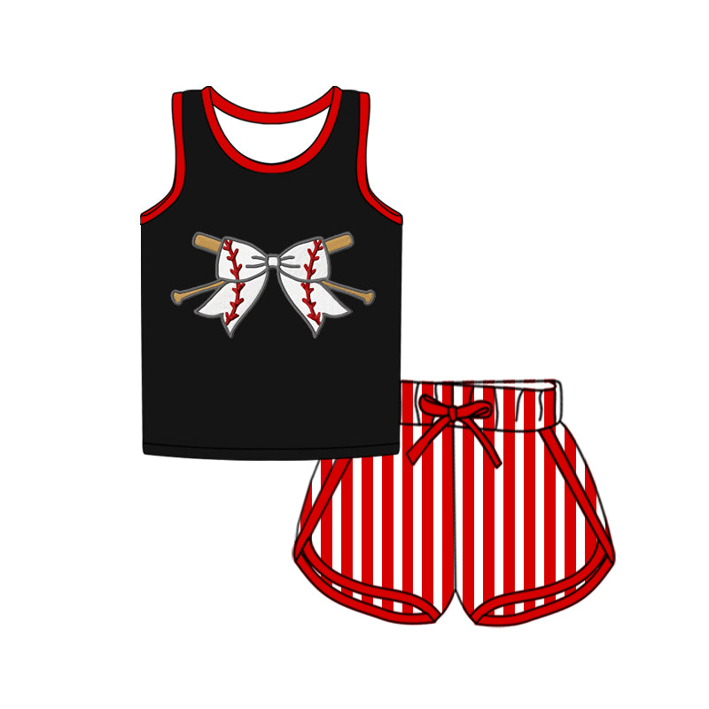 (Pre-order)GSSO2370 Baseball Bow Vest Black Top Red Stripes Shorts Girls Summer Clothes Set