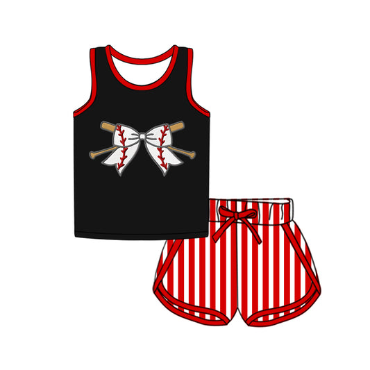 (Pre-order)GSSO2370 Baseball Bow Vest Black Top Red Stripes Shorts Girls Summer Clothes Set