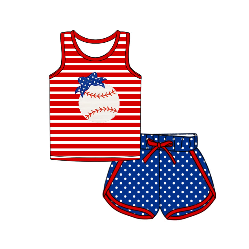 (Pre-order)GSSO2371 Baseball Bow Red Stripes Vest Top Blue Dots Shorts Girls Summer Clothes Set