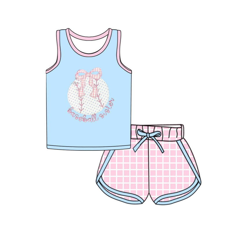 (Pre-order)GSSO2372 Baseball Bow Blue Vest Top Pink Plaid Shorts Girls Summer Clothes Set